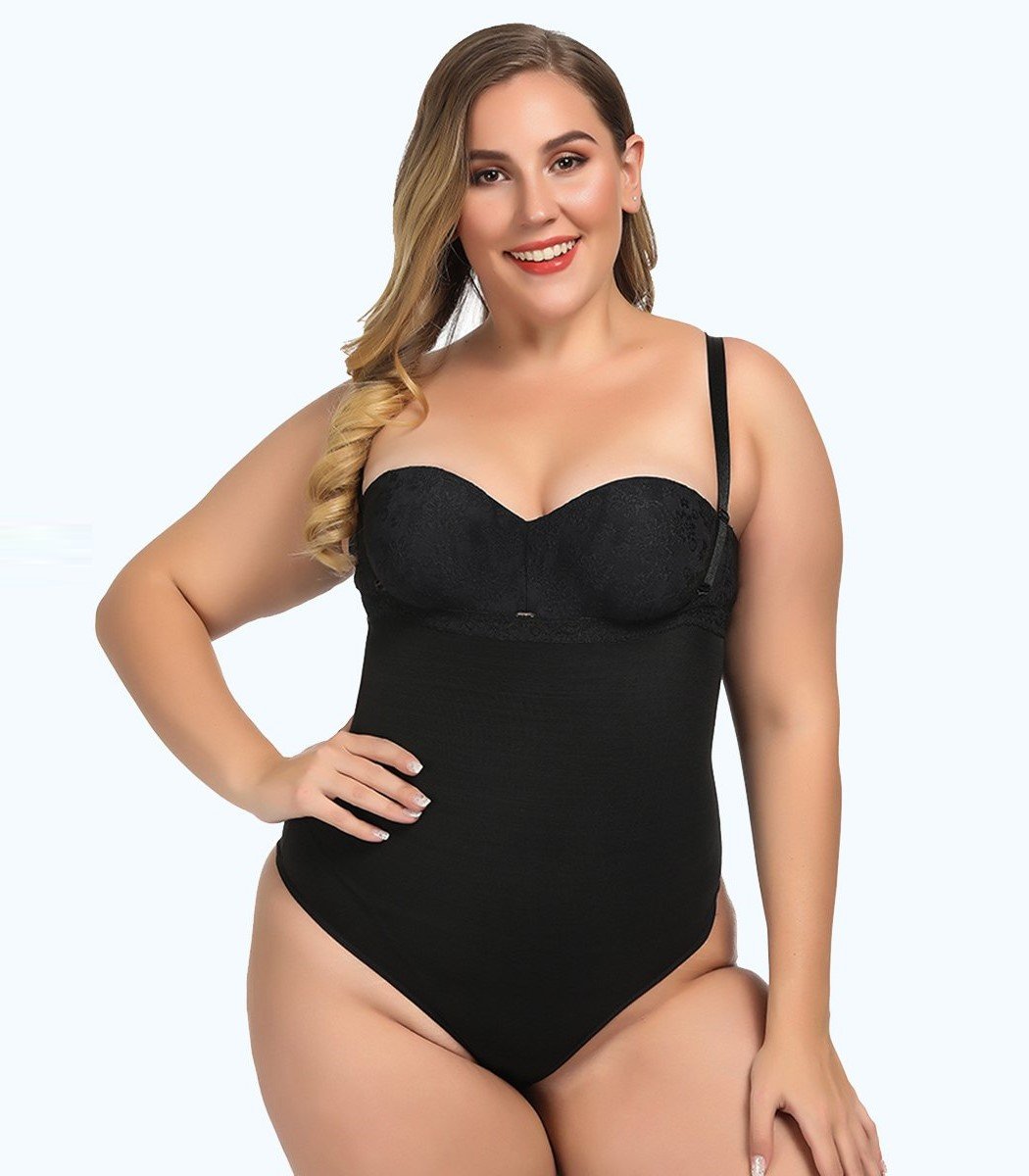 Sexy Plus Size Thong Bodysuit Waist & Stomach Shaper - thewaistpros.com - M / Black