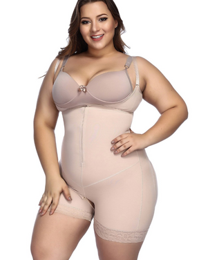 Plus Size Slimming Zip Up Bodysuit with Butt Lifter - thewaistpros.com - Small / Beige