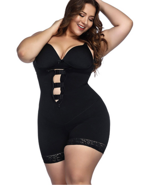 Plus Size Slimming Zip Up Bodysuit with Butt Lifter - thewaistpros.com - Small / Black