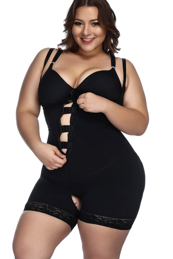 Plus Size Slimming Zip Up Bodysuit with Butt Lifter - thewaistpros.com - Medium / Black